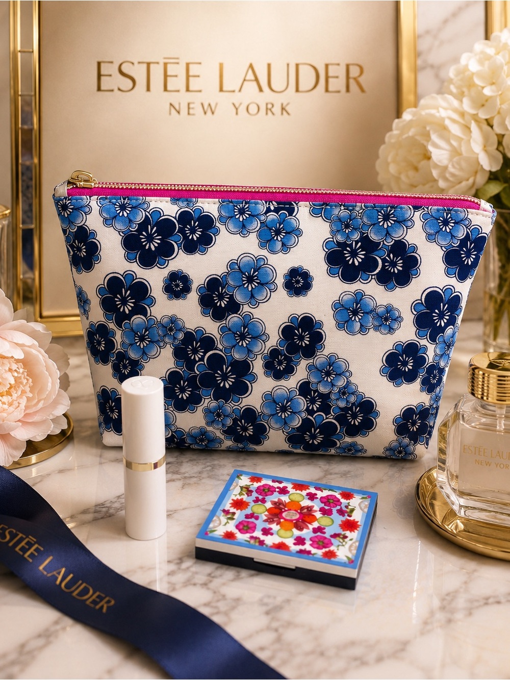 ✨ NWT Estée Lauder Blue Floral Makeup Bag Set with Bronzer & Full-Size Lipstick